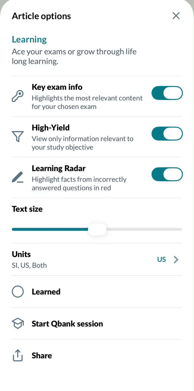AMBOSS article options: Key exam info, High-Yield, Learning Radar