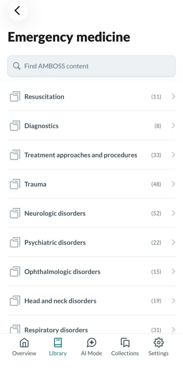 AMBOSS Emergency medicine library categories with counts