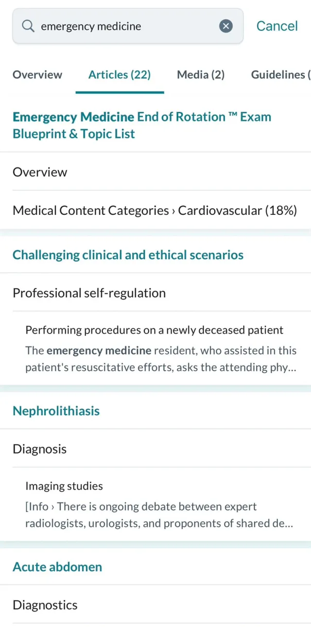 AMBOSS search results for emergency medicine articles