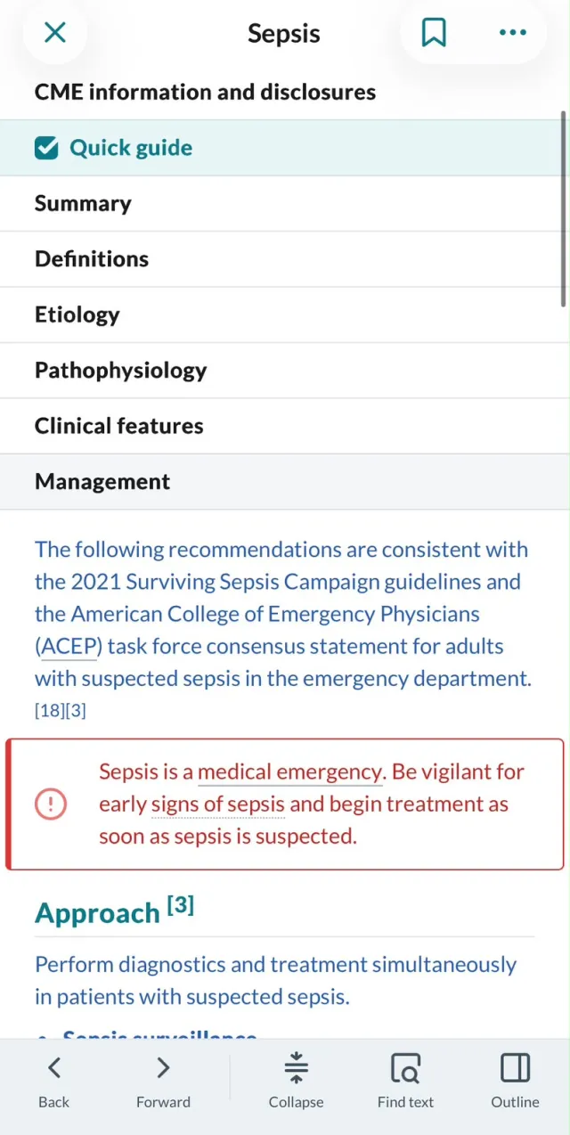 AMBOSS Sepsis article with a red emergency box and the guideline it follows